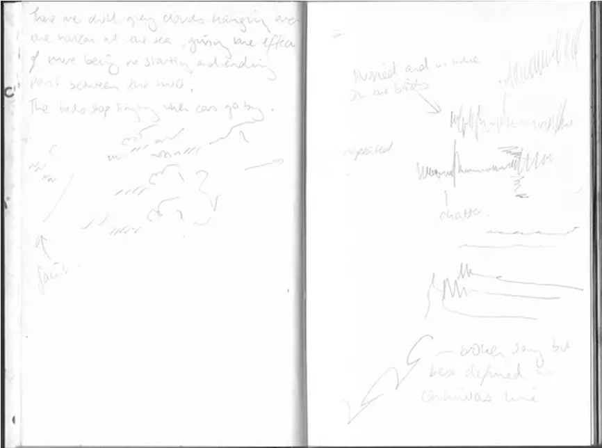 photograph of artist sketch book with drawings, marks, annotations